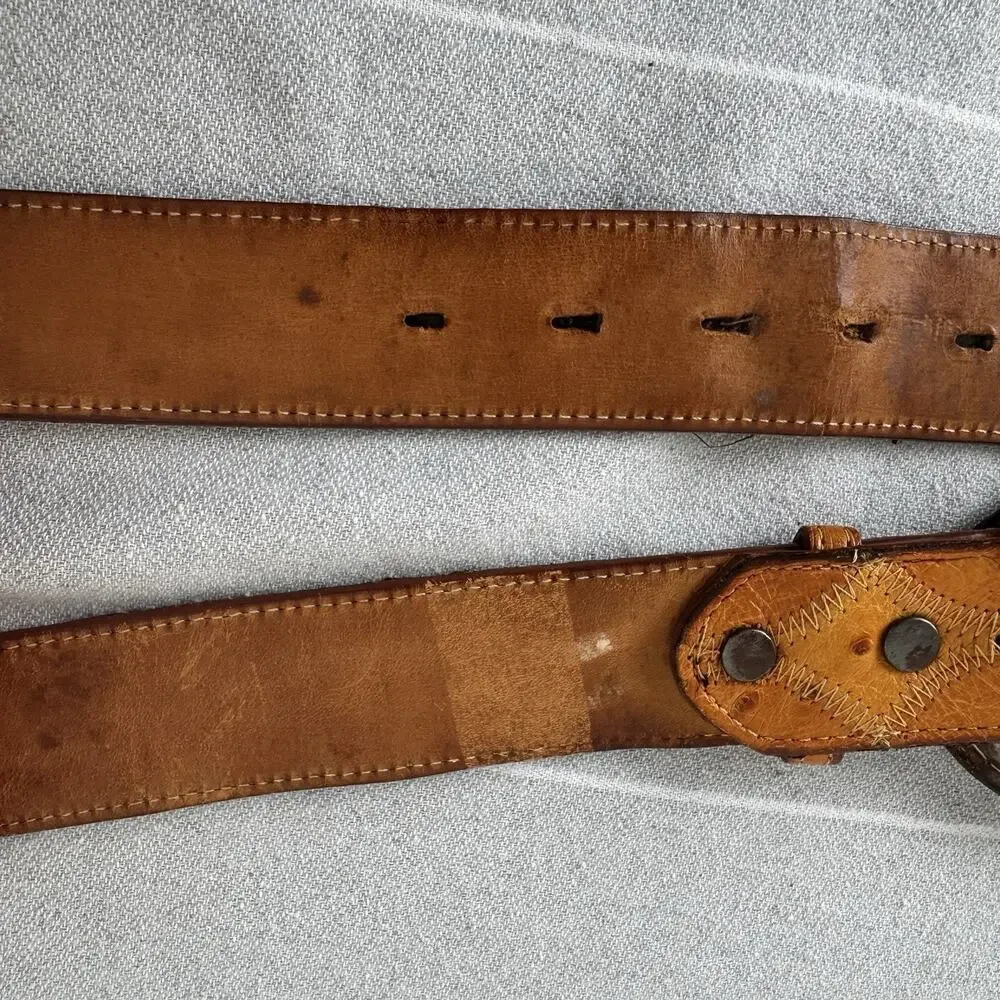 Vintage Justin Ostrich Leather Belt & Vtg Embroidered Rooster Belt Buckle Tan 36